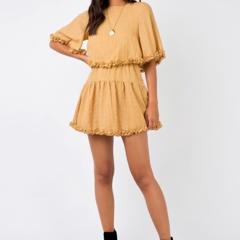 Mustard yellow POLLY Astro ruffle mini dress